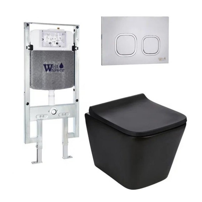 Комплект: Инсталляция, подвесной унитаз и кнопка Welt Wasser AMBERG 497 ST + GELBACH 004 MT-BL + AMBERG RD-WT