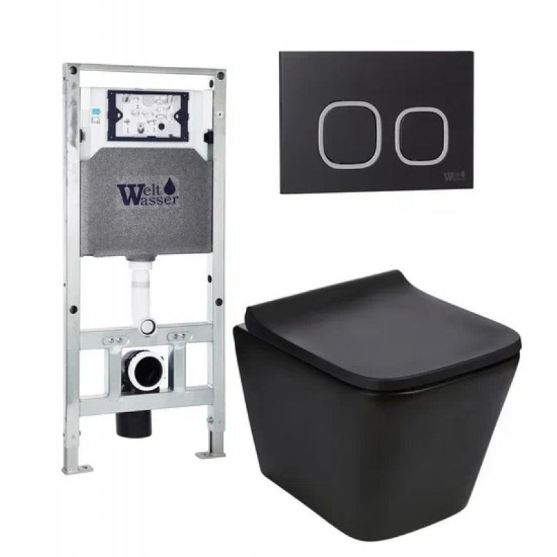 Комплект: Инсталляция, подвесной унитаз и кнопка Welt Wasser AMBERG 506 ST + GELBACH 004 MT-BL + AMBERG RD-BL