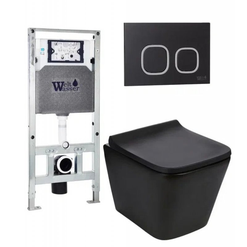 Комплект: Инсталляция, подвесной унитаз и кнопка Welt Wasser AMBERG 506 ST + GELBACH 004 MT-BL + AMBERG RD-BL