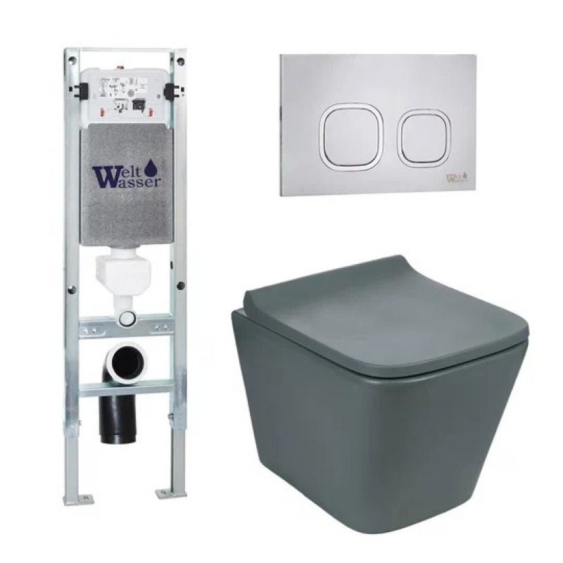Комплект: Инсталляция, подвесной унитаз и кнопка Welt Wasser AMBERG 350 ST + GELBACH 004 MT-GR + AMBERG RD-MT CR