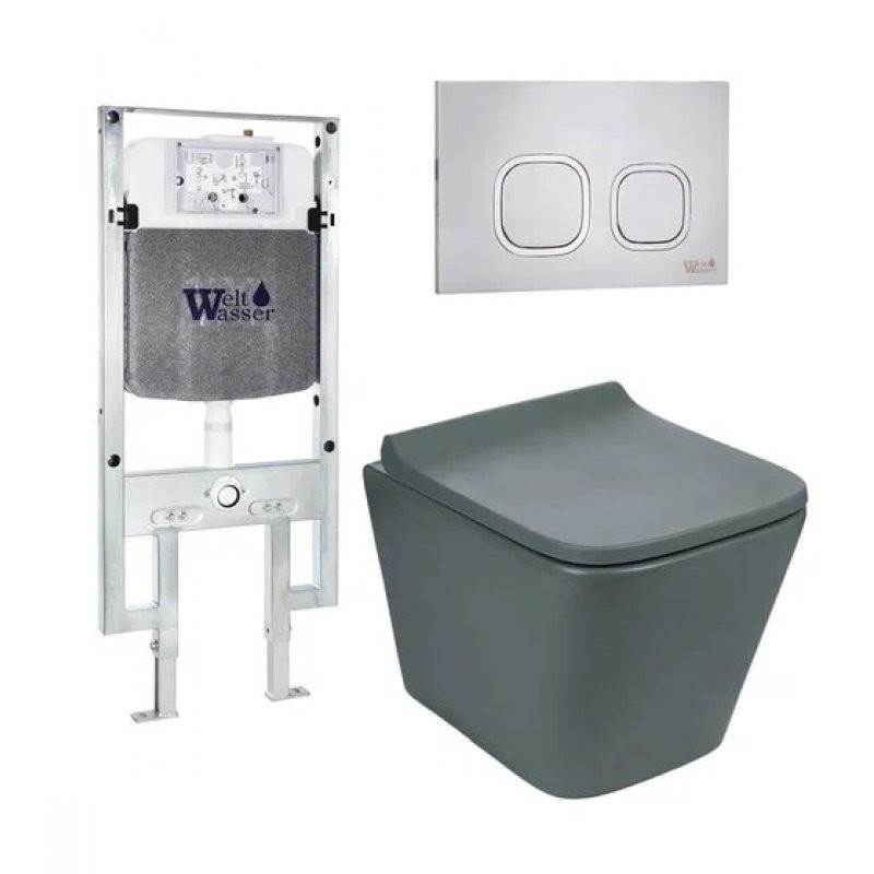 Комплект: Инсталляция, подвесной унитаз и кнопка Welt Wasser AMBERG 497 ST + GELBACH 004 MT-GR + AMBERG RD-MT CR
