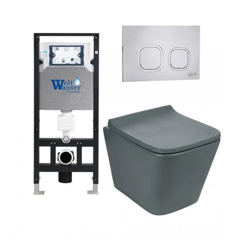 Комплект: Инсталляция, подвесной унитаз и кнопка Welt Wasser AMBERG 506 + GELBACH 004 MT-GR + AMBERG RD-MT CR