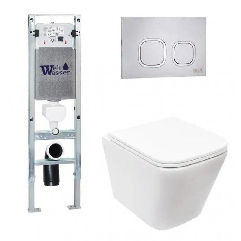 Комплект: Инсталляция, подвесной унитаз и кнопка Welt Wasser AMBERG 350 ST + GELBACH 004 MT-WT + AMBERG RD-MT CR