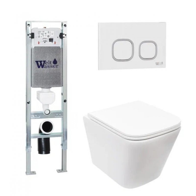 Комплект: Инсталляция, подвесной унитаз и кнопка Welt Wasser AMBERG 350 ST + GELBACH 004 MT-WT + AMBERG RD-WT