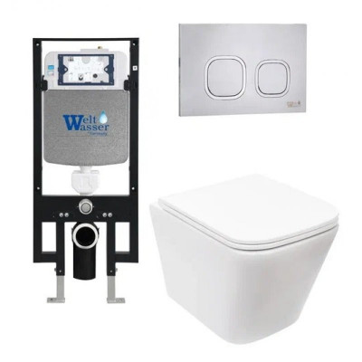 Комплект: Инсталляция, подвесной унитаз и кнопка Welt Wasser AMBERG 497 + GELBACH 004 MT-WT + AMBERG RD-MT CR