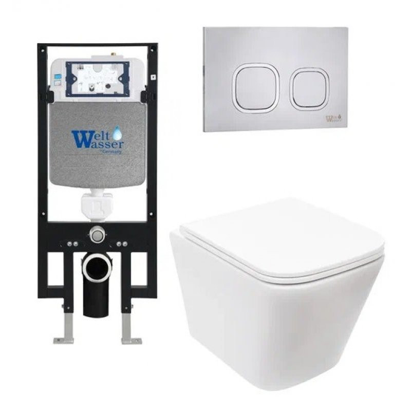 Комплект: Инсталляция, подвесной унитаз и кнопка Welt Wasser AMBERG 497 + GELBACH 004 MT-WT + AMBERG RD-MT CR