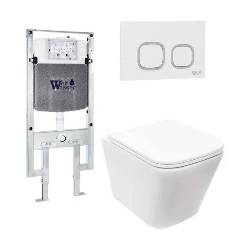 Комплект: Инсталляция, подвесной унитаз и кнопка Welt Wasser AMBERG 497 ST + GELBACH 004 MT-WT + AMBERG RD-WT
