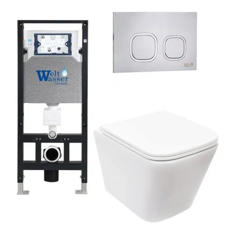 Комплект: Инсталляция, подвесной унитаз и кнопка Welt Wasser AMBERG 506 + GELBACH 004 MT-WT + AMBERG RD-MT CR