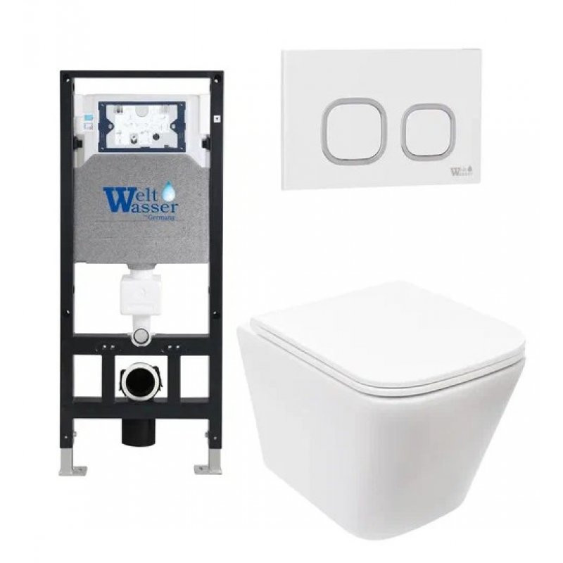 Комплект: Инсталляция, подвесной унитаз и кнопка Welt Wasser AMBERG 506 + GELBACH 004 MT-WT + AMBERG RD-WT