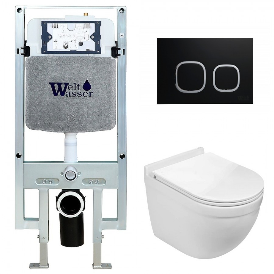 Комплект: Инсталляция, подвесной унитаз и кнопка Welt Wasser AMBERG 350 ST + HEIMBACH 004 GL-WT + AMBERG RD-BL