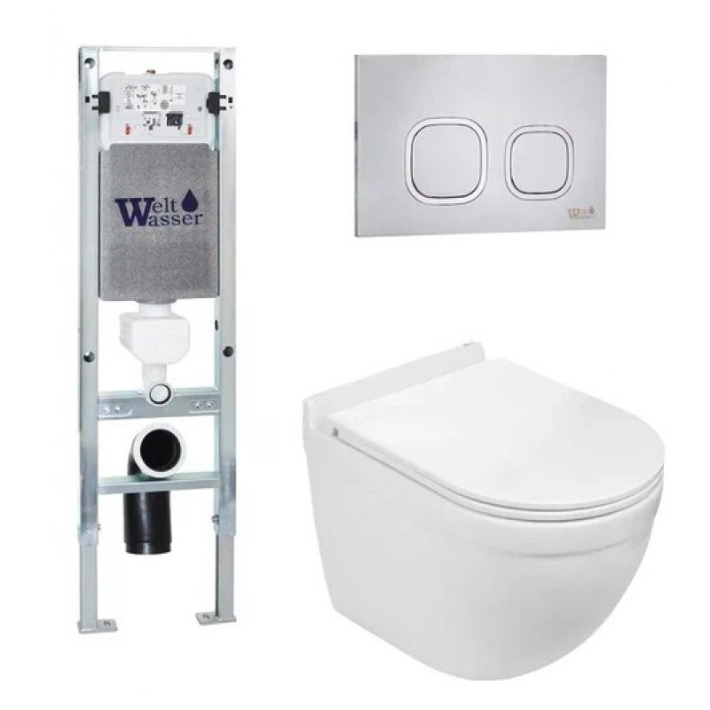 Комплект: Инсталляция, подвесной унитаз и кнопка Welt Wasser AMBERG 350 ST + HEIMBACH 004 GL-WT + AMBERG RD-MT CR
