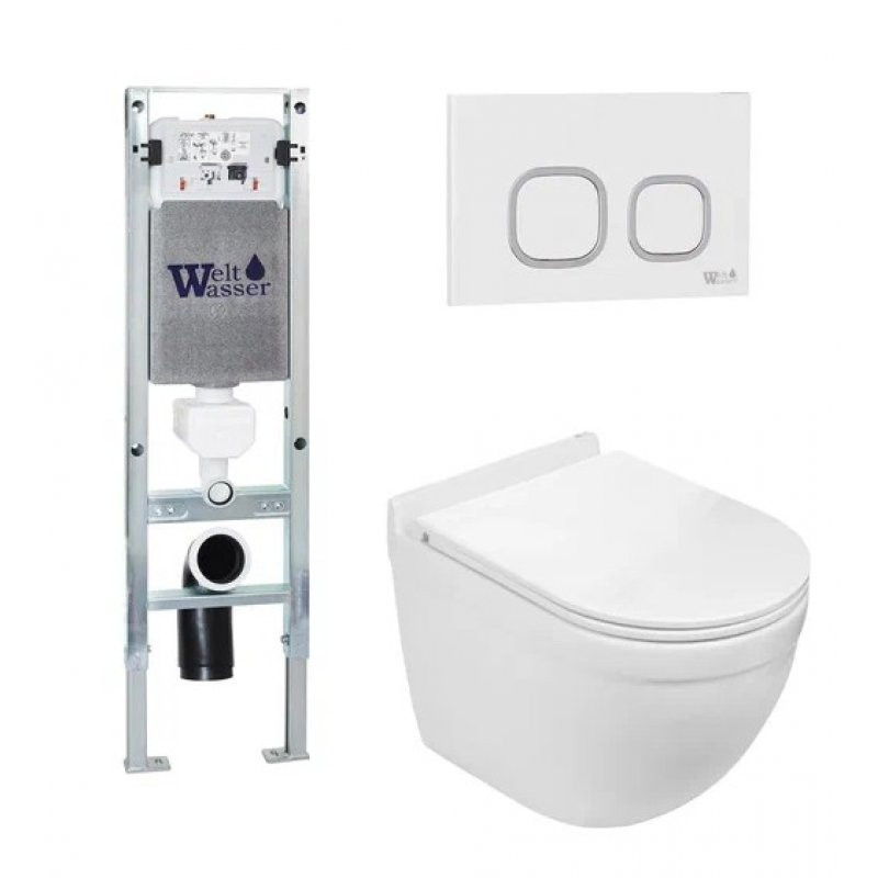 Комплект: Инсталляция, подвесной унитаз и кнопка Welt Wasser AMBERG 350 ST + HEIMBACH 004 GL-WT + AMBERG RD-WT