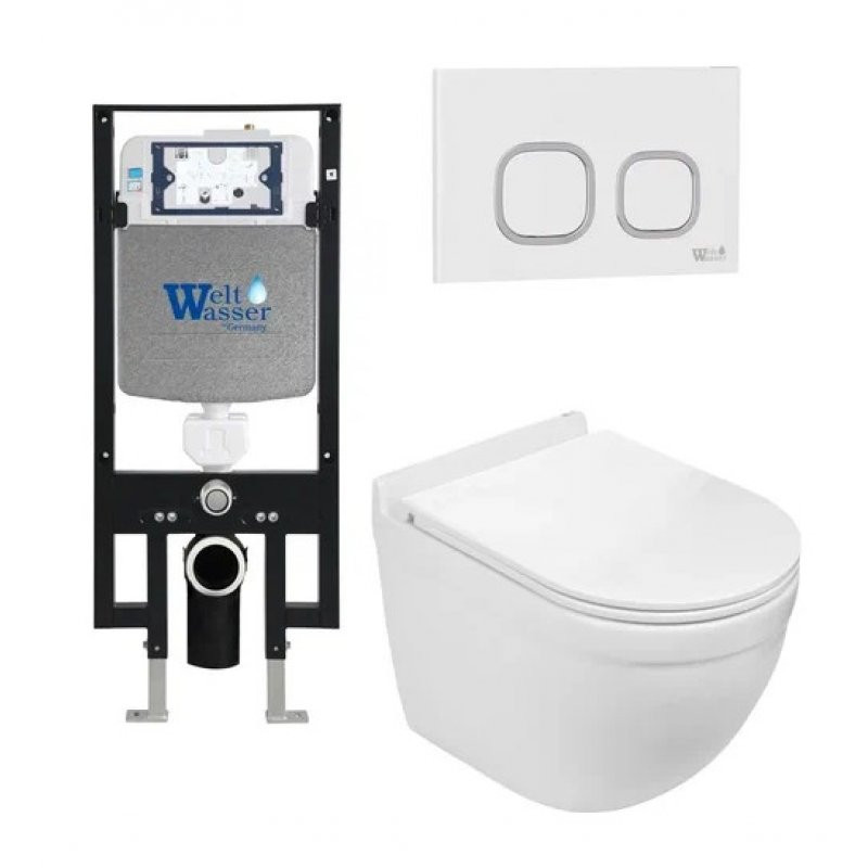 Комплект: Инсталляция, подвесной унитаз и кнопка Welt Wasser AMBERG 497 + HEIMBACH 004 GL-WT + AMBERG RD-WT
