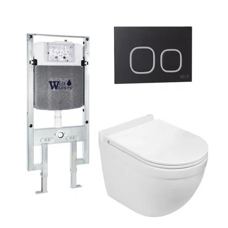 Комплект: Инсталляция, подвесной унитаз и кнопка Welt Wasser AMBERG 497 ST + HEIMBACH 004 GL-WT + AMBERG RD-BL