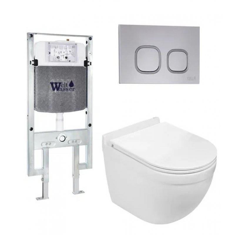 Комплект: Инсталляция, подвесной унитаз и кнопка Welt Wasser AMBERG 497 ST + HEIMBACH 004 GL-WT + AMBERG RD-CR