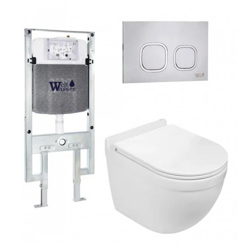 Комплект: Инсталляция, подвесной унитаз и кнопка Welt Wasser AMBERG 497 ST + HEIMBACH 004 GL-WT + AMBERG RD-MT CR