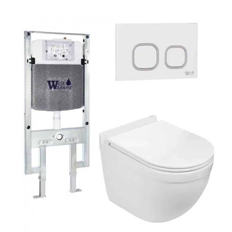 Комплект: Инсталляция, подвесной унитаз и кнопка Welt Wasser AMBERG 497 ST + HEIMBACH 004 GL-WT + AMBERG RD-WT