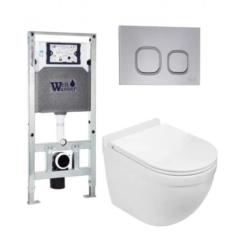 Комплект: Инсталляция, подвесной унитаз и кнопка Welt Wasser AMBERG 506 ST + HEIMBACH 004 GL-WT + AMBERG RD-CR