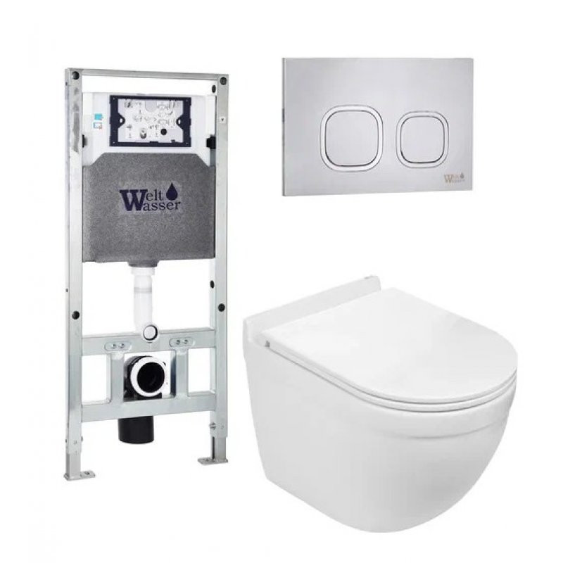 Комплект: Инсталляция, подвесной унитаз и кнопка Welt Wasser AMBERG 506 ST + HEIMBACH 004 GL-WT + AMBERG RD-MT CR