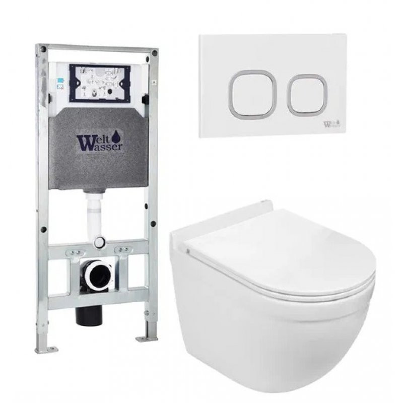 Комплект: Инсталляция, подвесной унитаз и кнопка Welt Wasser AMBERG 506 ST + HEIMBACH 004 GL-WT + AMBERG RD-WT
