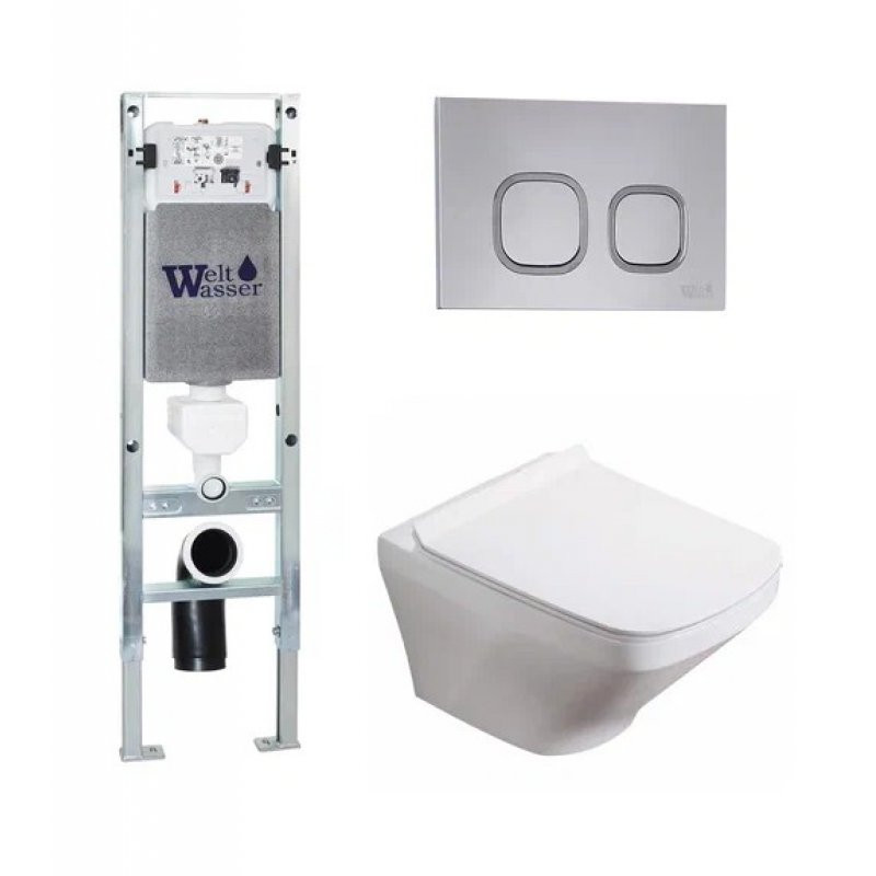 Комплект: Инсталляция, подвесной унитаз и кнопка Welt Wasser AMBERG 350 ST + HOFBACH 004 GL-WT + AMBERG RD-CR