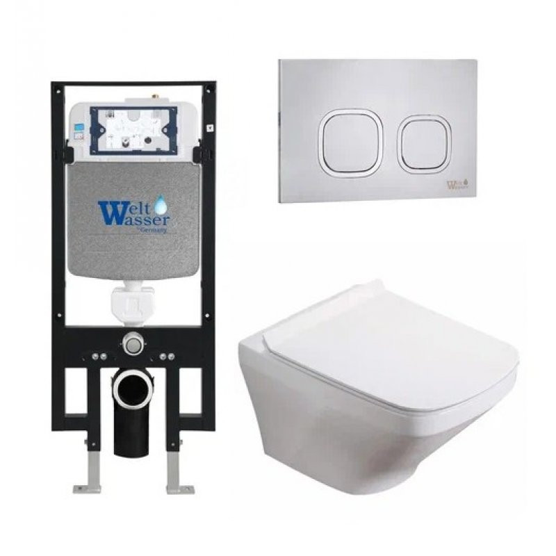 Комплект: Инсталляция, подвесной унитаз и кнопка Welt Wasser AMBERG 497 + HOFBACH 004 GL-WT + AMBERG RD-MT CR