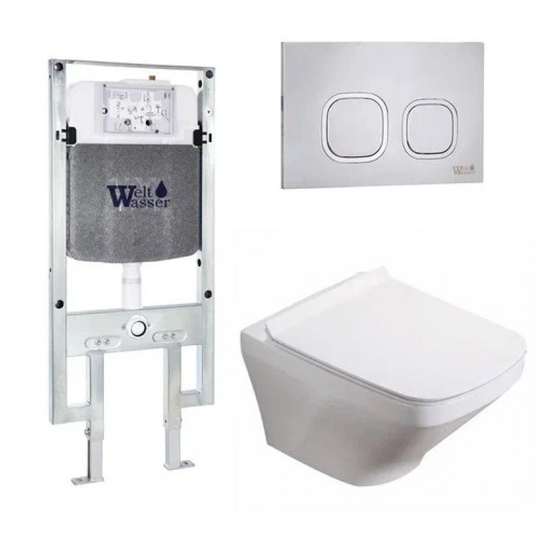 Комплект: Инсталляция, подвесной унитаз и кнопка Welt Wasser AMBERG 497 ST + HOFBACH 004 GL-WT + AMBERG RD-MT CR