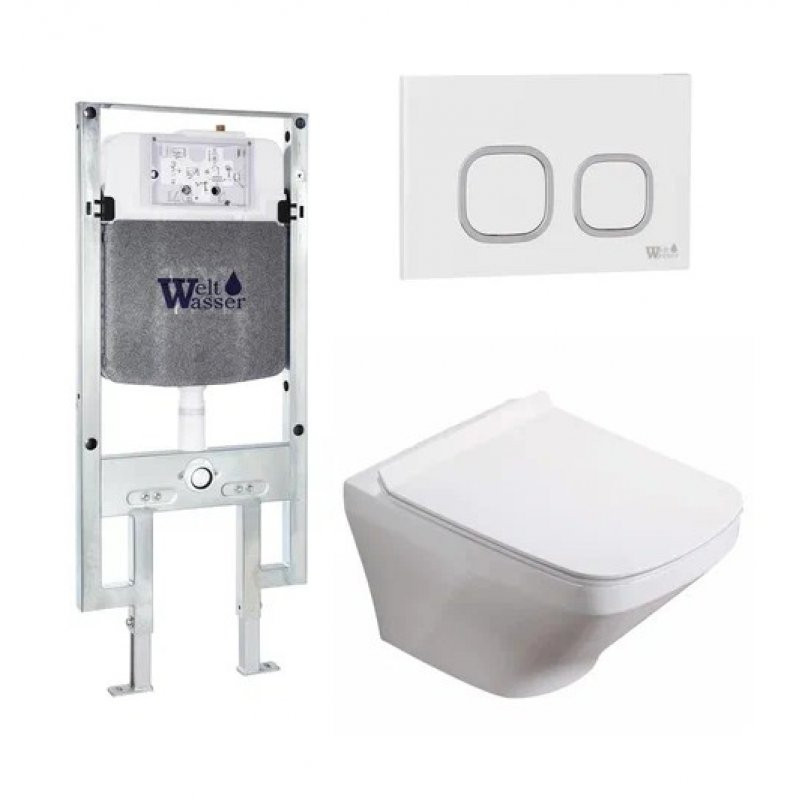 Комплект: Инсталляция, подвесной унитаз и кнопка Welt Wasser AMBERG 497 ST + HOFBACH 004 GL-WT + AMBERG RD-WT