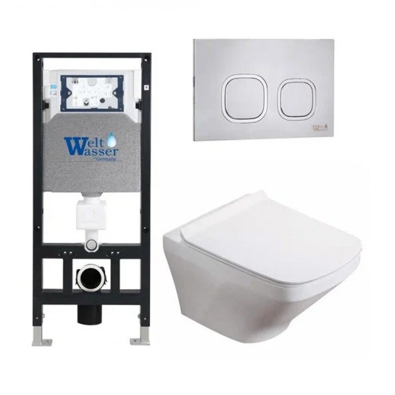Комплект: Инсталляция, подвесной унитаз и кнопка Welt Wasser AMBERG 506 + HOFBACH 004 GL-WT + AMBERG RD-MT CR