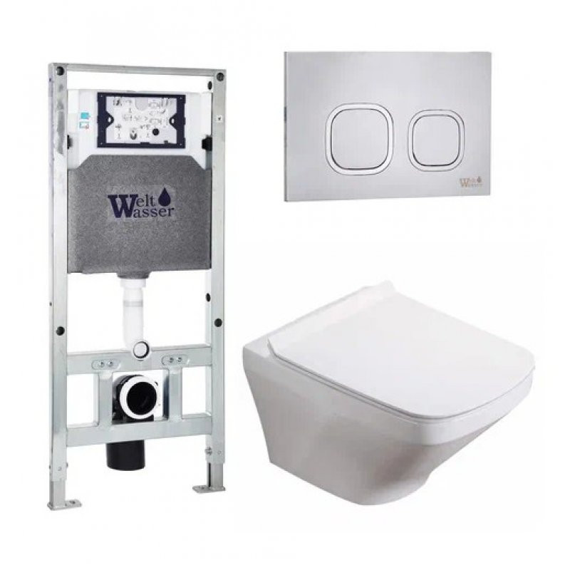 Комплект: Инсталляция, подвесной унитаз и кнопка Welt Wasser AMBERG 506 ST + HOFBACH 004 GL-WT + AMBERG RD-MT CR