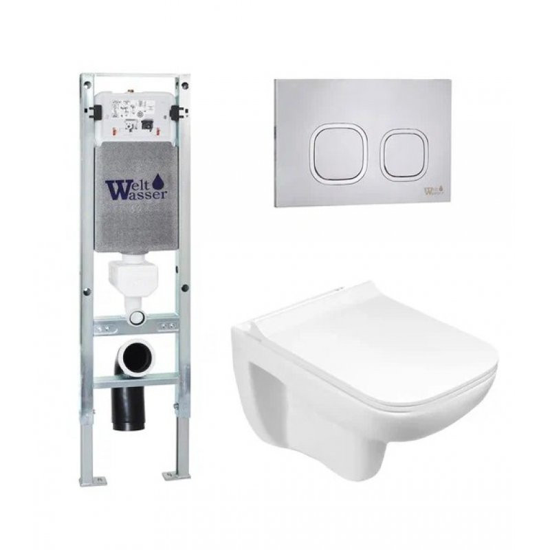 Комплект: Инсталляция, подвесной унитаз и кнопка Welt Wasser AMBERG 350 ST + KEHLBACH 004 GL-WT + AMBERG RD-MT CR