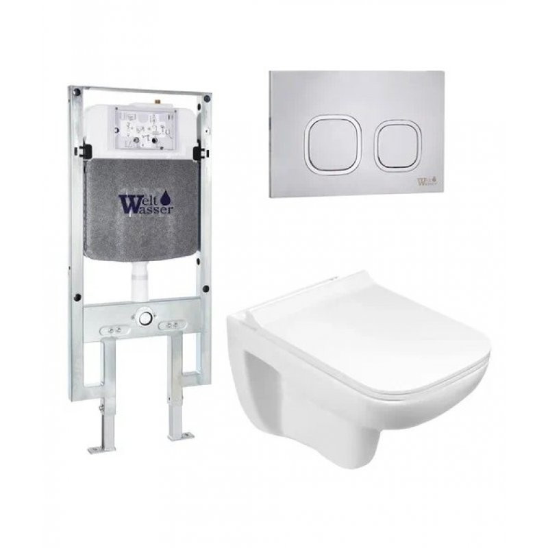 Комплект: Инсталляция, подвесной унитаз и кнопка Welt Wasser AMBERG 497 ST + KEHLBACH 004 GL-WT + AMBERG RD-MT CR