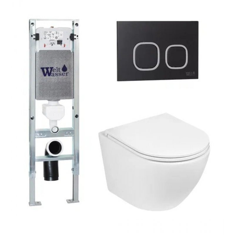 Комплект: Инсталляция, подвесной унитаз и кнопка Welt Wasser AMBERG 350 ST + MERZBACH 004 GL-WT + AMBERG RD-BL
