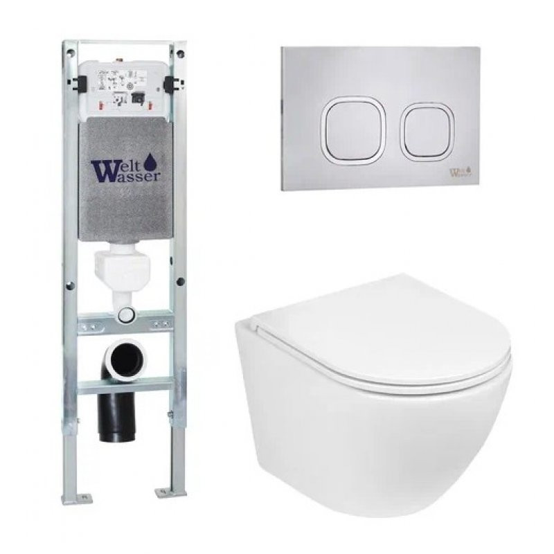 Комплект: Инсталляция, подвесной унитаз и кнопка Welt Wasser AMBERG 350 ST + MERZBACH 004 GL-WT + AMBERG RD-MT CR