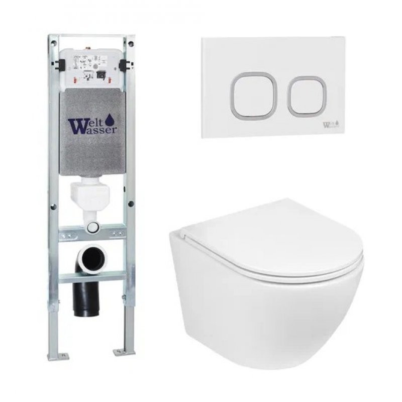 Комплект: Инсталляция, подвесной унитаз и кнопка Welt Wasser AMBERG 350 ST + MERZBACH 004 GL-WT + AMBERG RD-WT