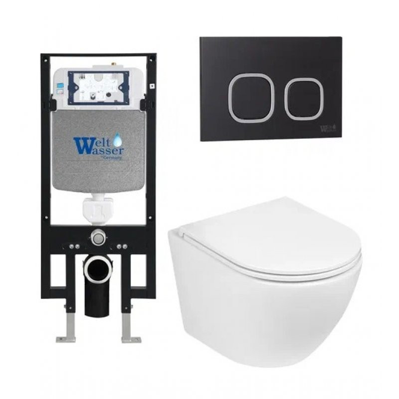 Комплект: Инсталляция, подвесной унитаз и кнопка Welt Wasser AMBERG 497 + MERZBACH 004 GL-WT + AMBERG RD-BL