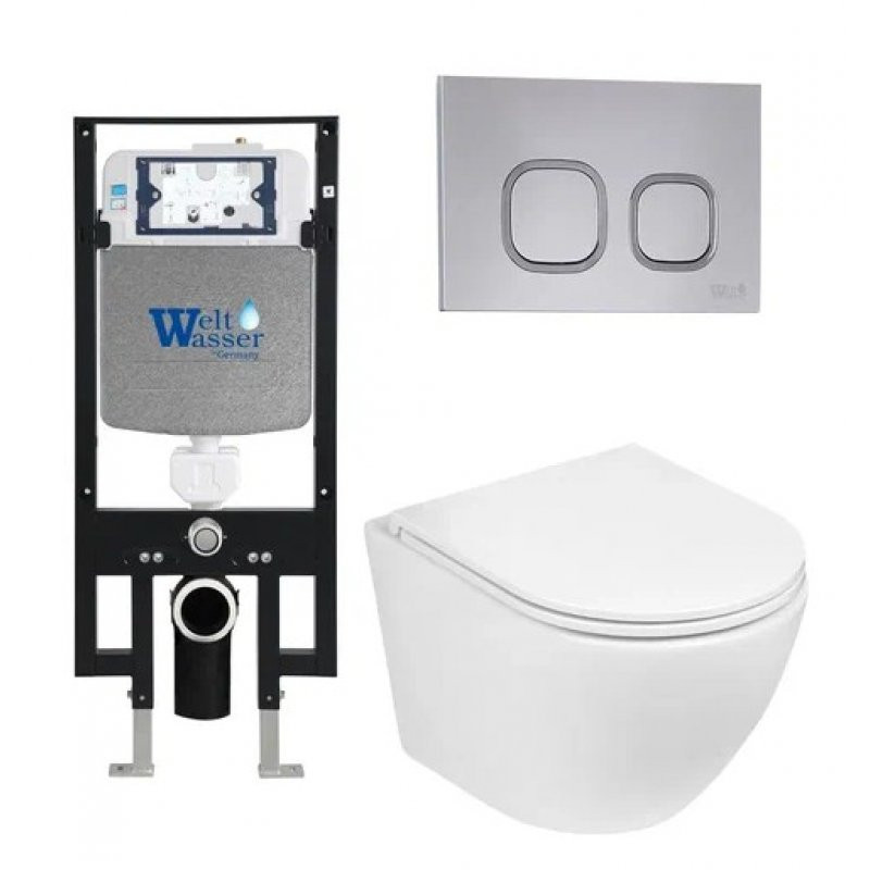 Комплект: Инсталляция, подвесной унитаз и кнопка Welt Wasser AMBERG 497 + MERZBACH 004 GL-WT + AMBERG RD-CR