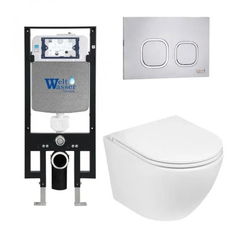 Комплект: Инсталляция, подвесной унитаз и кнопка Welt Wasser AMBERG 497 + MERZBACH 004 GL-WT + AMBERG RD-MT CR