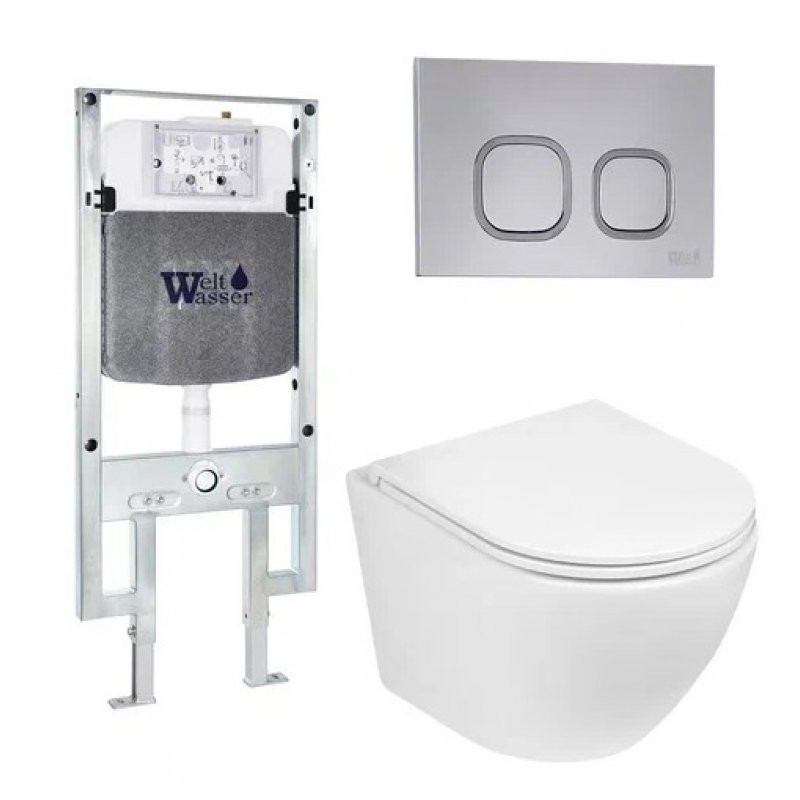 Комплект: Инсталляция, подвесной унитаз и кнопка Welt Wasser AMBERG 497 ST + MERZBACH 004 GL-WT + AMBERG RD-CR