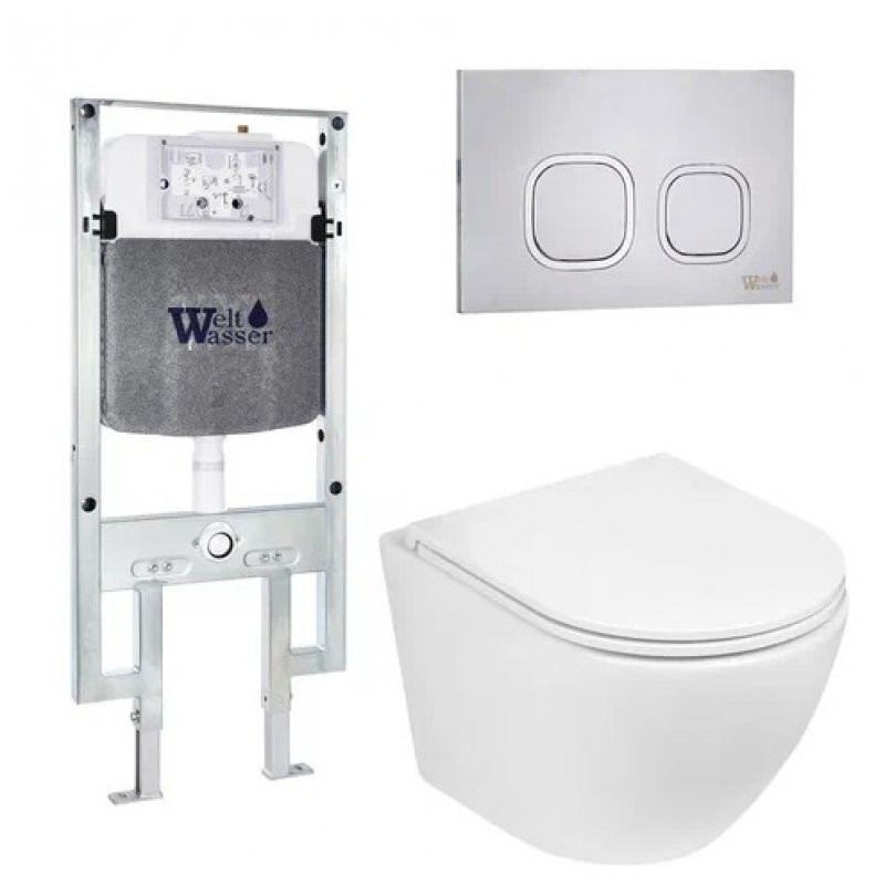 Комплект: Инсталляция, подвесной унитаз и кнопка Welt Wasser AMBERG 497 ST + MERZBACH 004 GL-WT + AMBERG RD-MT CR