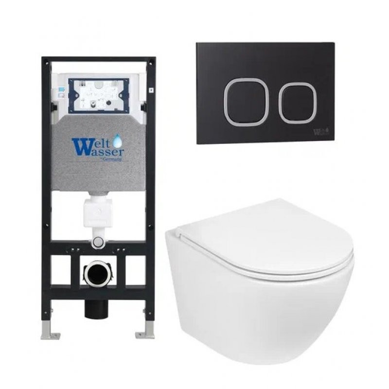 Комплект: Инсталляция, подвесной унитаз и кнопка Welt Wasser AMBERG 506 + MERZBACH 004 GL-WT + AMBERG RD-BL