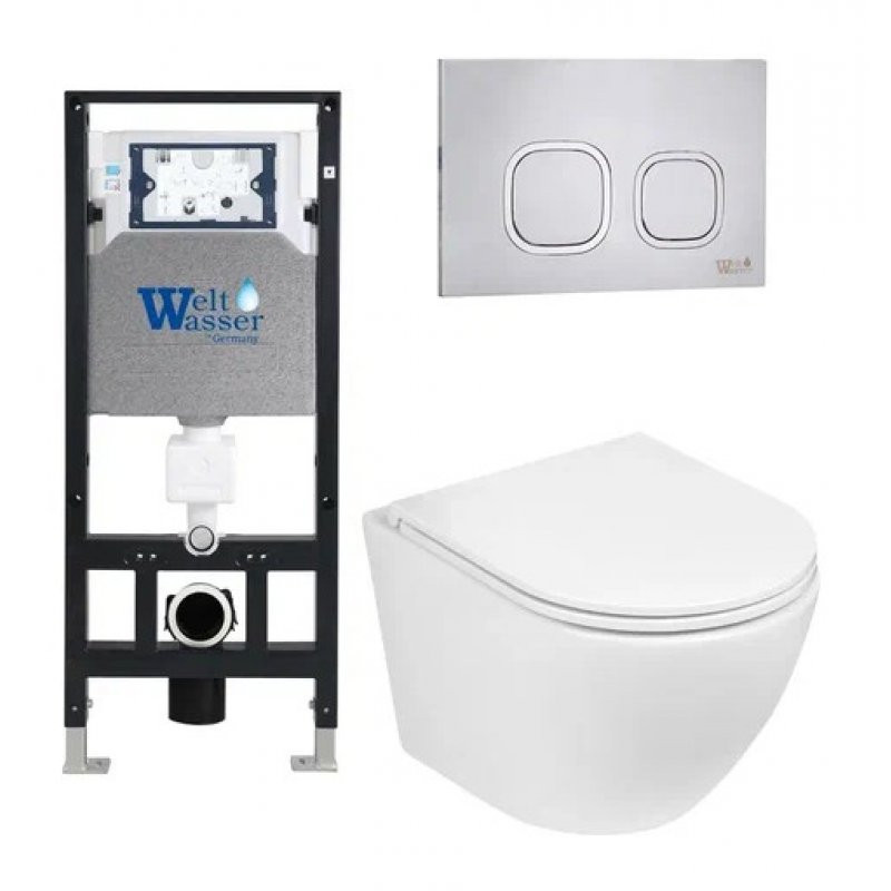Комплект: Инсталляция, подвесной унитаз и кнопка Welt Wasser AMBERG 506 + MERZBACH 004 GL-WT + AMBERG RD-MT CR