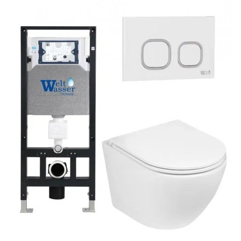 Комплект: Инсталляция, подвесной унитаз и кнопка Welt Wasser AMBERG 506 + MERZBACH 004 GL-WT + AMBERG RD-WT