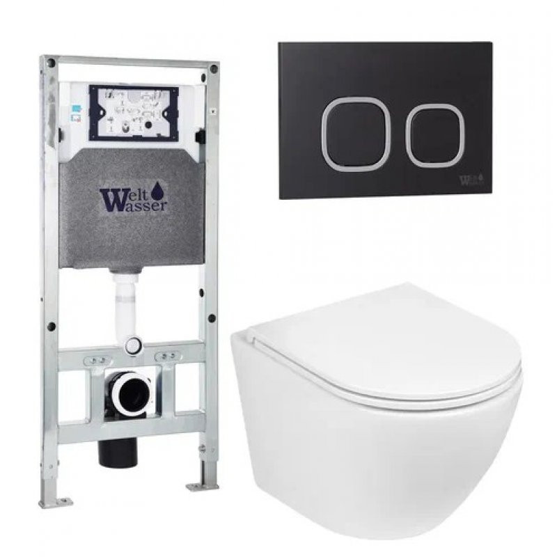 Комплект: Инсталляция, подвесной унитаз и кнопка Welt Wasser AMBERG 506 ST + MERZBACH 004 GL-WT + AMBERG RD-BL