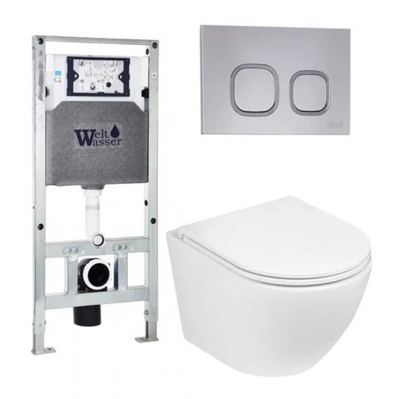 Комплект: Инсталляция, подвесной унитаз и кнопка Welt Wasser AMBERG 506 ST + MERZBACH 004 GL-WT + AMBERG RD-CR