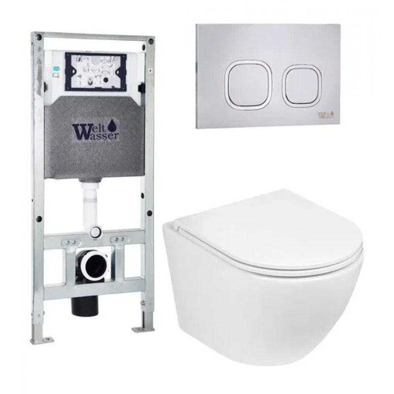 Комплект: Инсталляция, подвесной унитаз и кнопка Welt Wasser AMBERG 506 ST + MERZBACH 004 GL-WT + AMBERG RD-MT CR