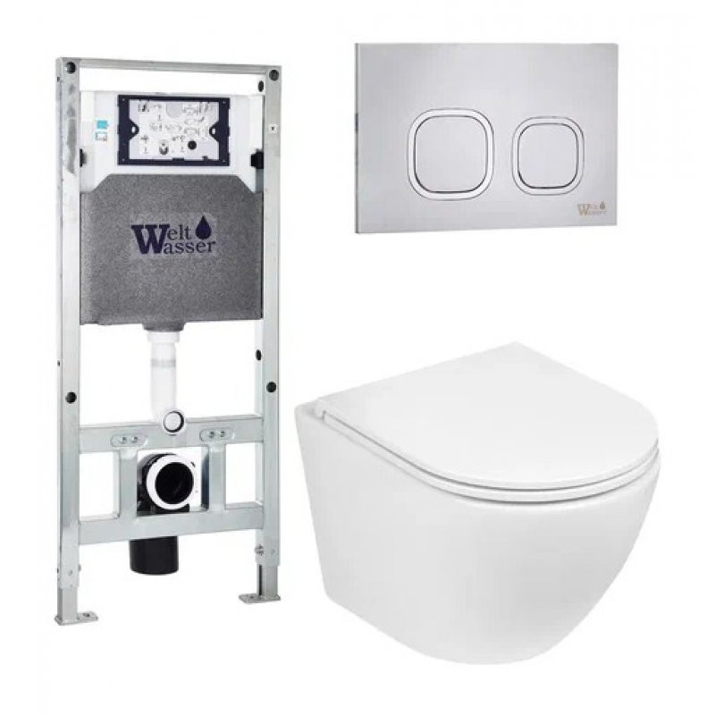Комплект: Инсталляция, подвесной унитаз и кнопка Welt Wasser AMBERG 506 ST + MERZBACH 004 GL-WT + AMBERG RD-MT CR