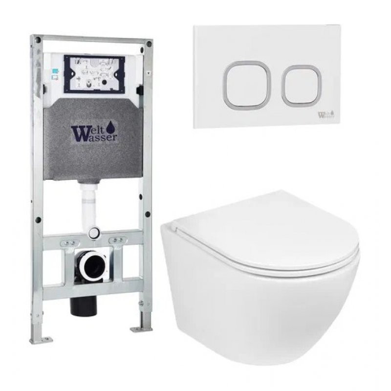 Комплект: Инсталляция, подвесной унитаз и кнопка Welt Wasser AMBERG 506 ST + MERZBACH 004 GL-WT + AMBERG RD-WT
