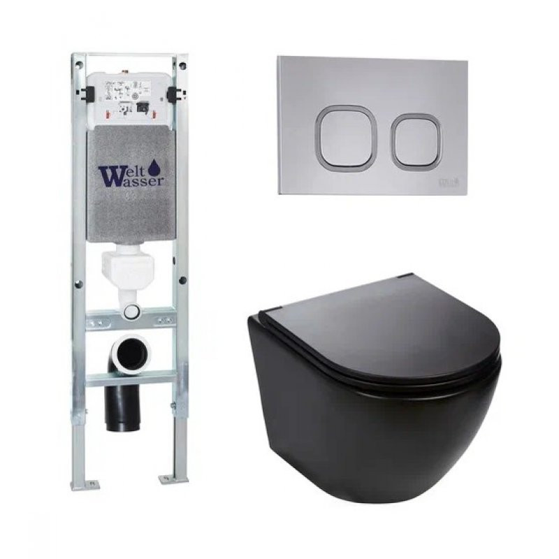 Комплект: Инсталляция, подвесной унитаз и кнопка Welt Wasser AMBERG 350 ST + MERZBACH 004 MT-BL + AMBERG RD-CR