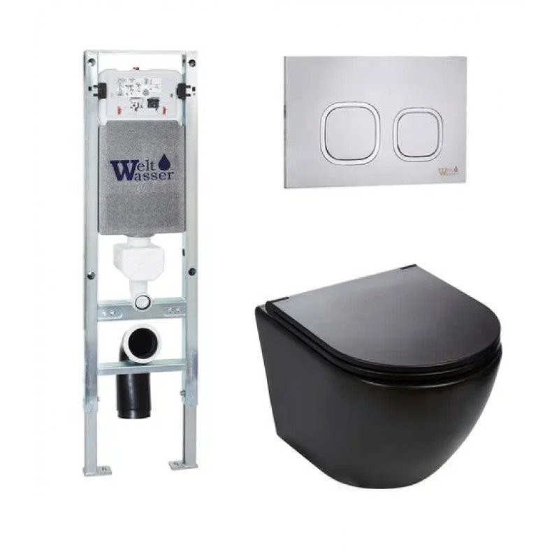 Комплект: Инсталляция, подвесной унитаз и кнопка Welt Wasser AMBERG 350 ST + MERZBACH 004 MT-BL + AMBERG RD-MT CR